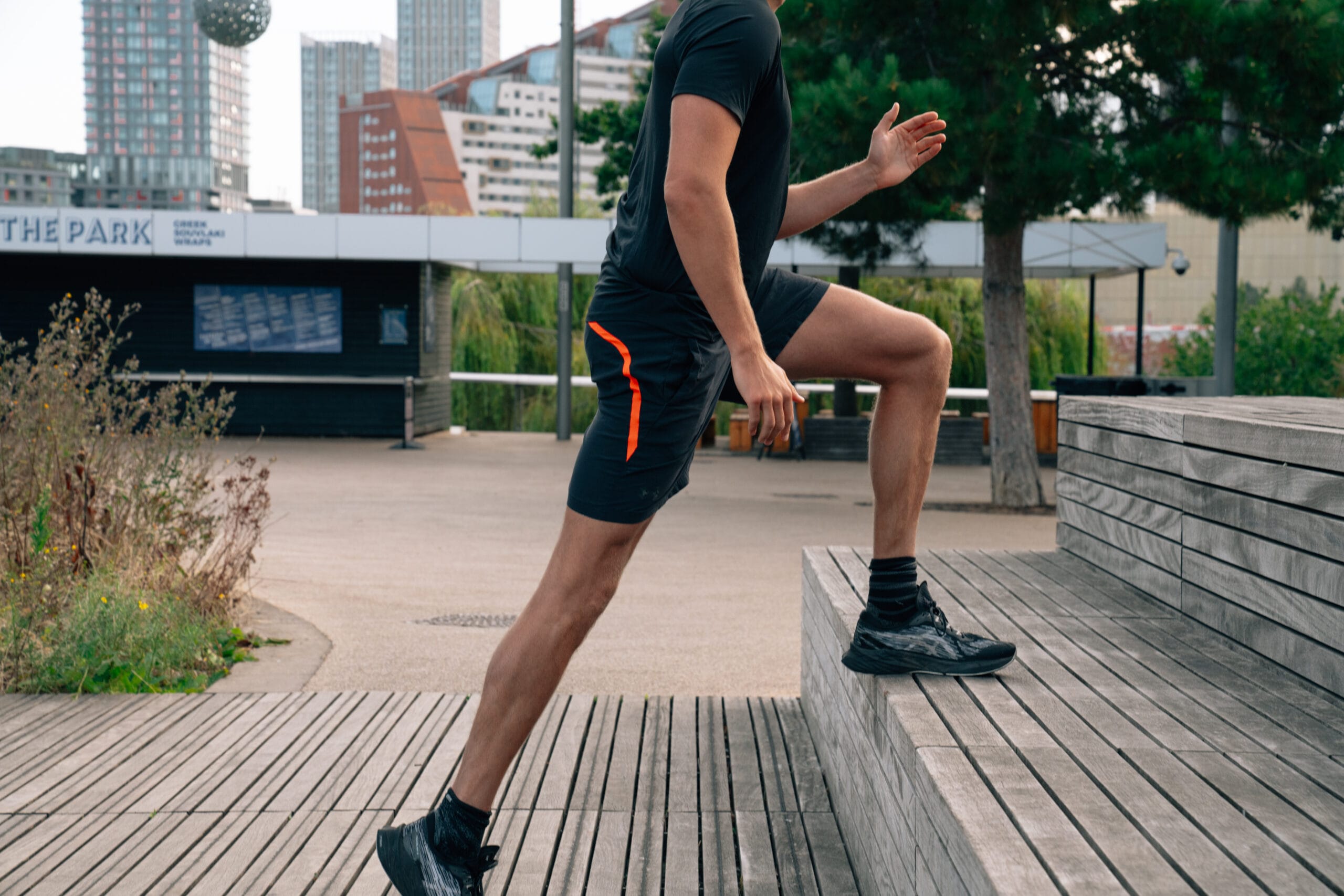 man walking up stairs